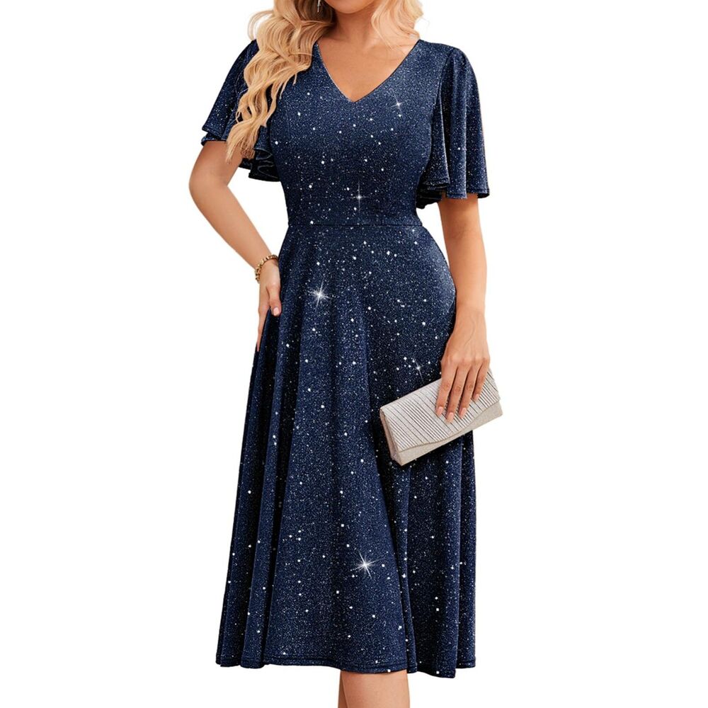 Sequin Cocktail Evening Dress (Glitter Navy, S) Mother of the Bride, Church etc.